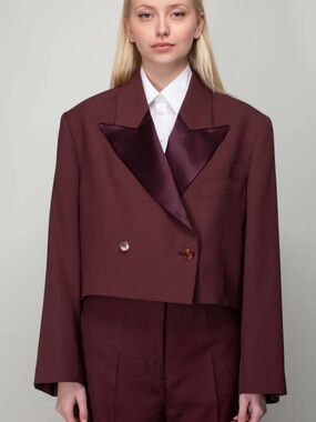 Acne Studios Burgundy Cropped Double-Breasted Oversized Blazer with Satin Lapels